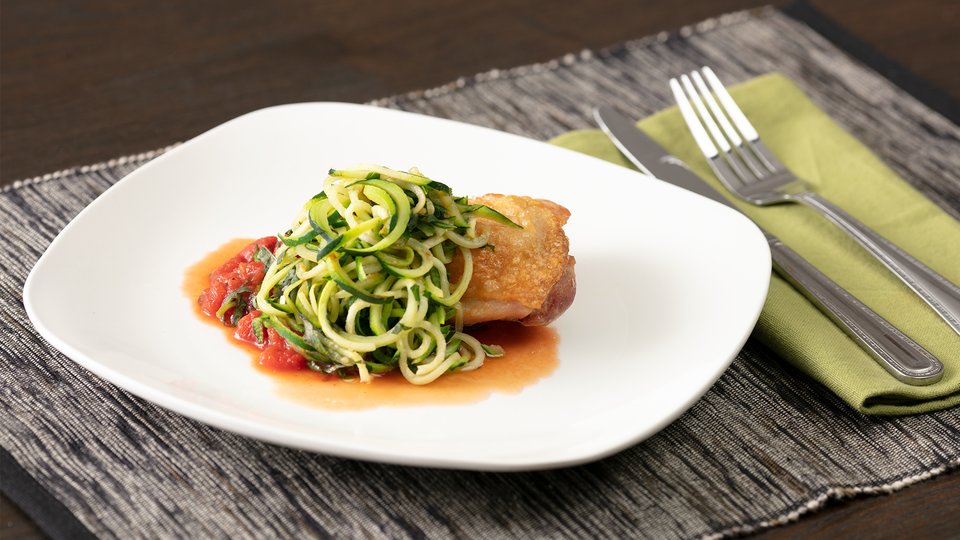 Roasted Chicken With Zoodles and Spicy Tomato Sauce