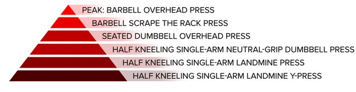 Vertical press; peak: barbell overhead press, barbell scrape the rack press, seated dumbbell overhead press, half kneeling single-arm neutral-grip dumbbell press, half kneeling single-arm landmine press, and half kneeling single-arm landmine y-press 