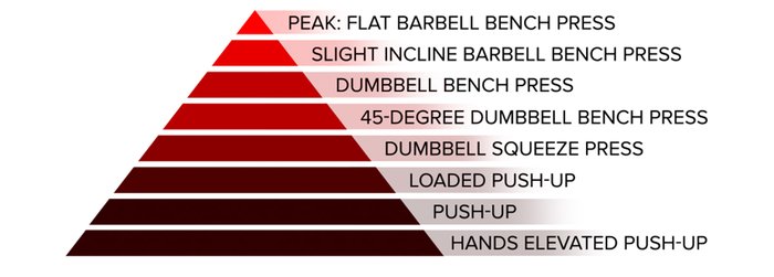 Horizontal push; peak: flat barbell bench press, slight incline barbell bench press, dumbbell bench press, 45-degree dumbbell bench press, dumbbell squeeze press, loaded push-up, push-up, and hands-elevated push-up